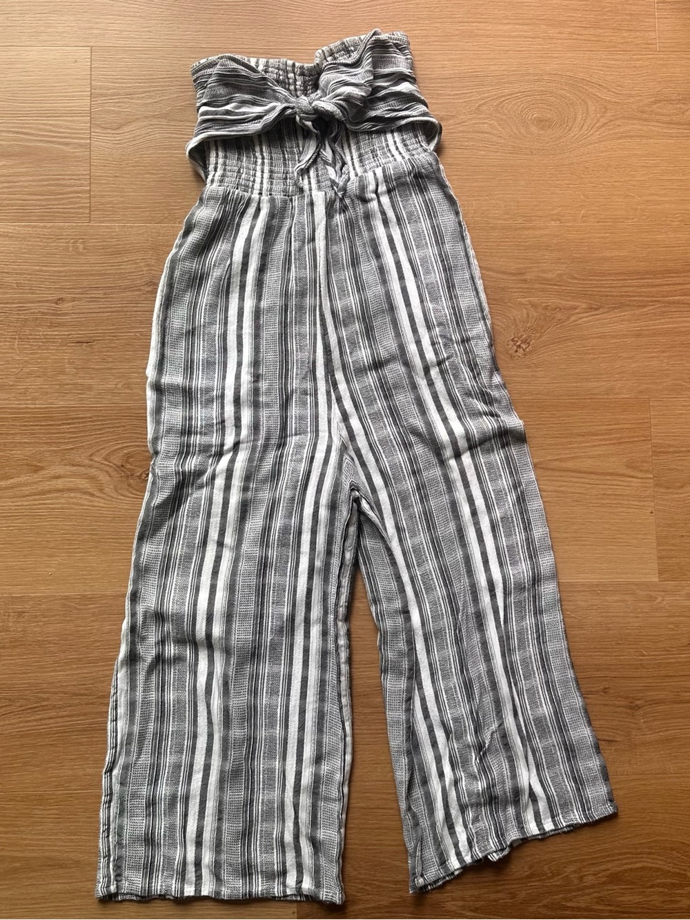 Striped Tie Top Wide Leg Jumpsuit - Gray & White